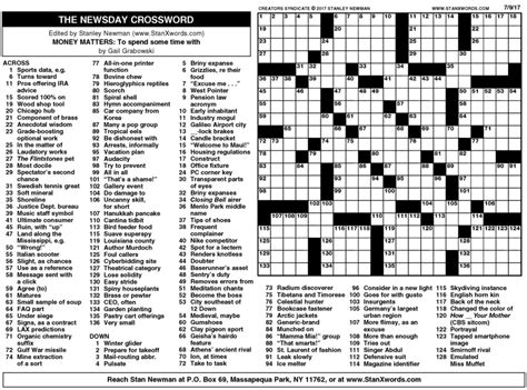 Newsday Crossword Sunday for Jul 09, 2017, by Stanley Newman | Creators ...