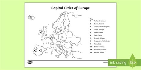 Locating Capital Cities of Europe Map Worksheet - Twinkl