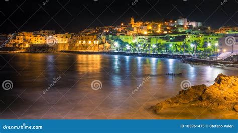 Vieste at Night, the Famous `Pearl of Gargano` in Foggia Province, Puglia, Southern Italy. Stock ...