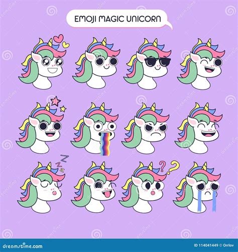 Magic Unicorn Emoji, Unicorn Smile Icons Set Stock Vector ...