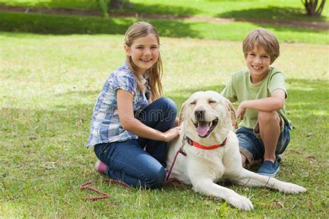 Portrait of Kids Playing with Pet Dog at Park Stock Photo - Image of ...