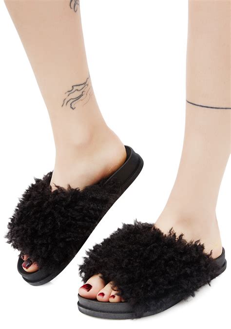 Shaggy Faux Fur Slide Sandals Black | Dolls Kill