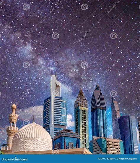 Downtown Dubai Skyscrapers at Night Stock Photo - Image of famous ...