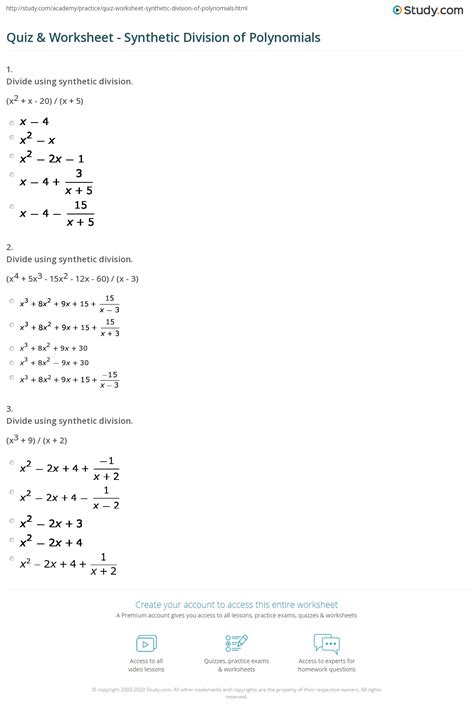 Synthetic Division Of Polynomials Worksheets