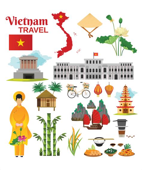 Travel to Vietnam. Set of traditional Vietnamese cultural symbols. Vietnamese landmarks and ...