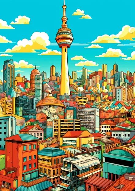 Premium AI Image | A cartoon drawing of a city with a tall tower in the ...