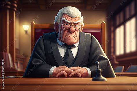 Cartoon character judge with a judge gavel in courtroom. Angry cartoon ...