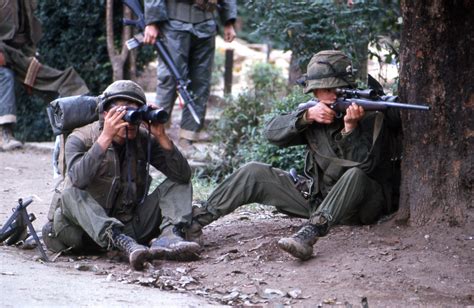 A Marine sniper takes aim from behind a tree as his comrade looks ...