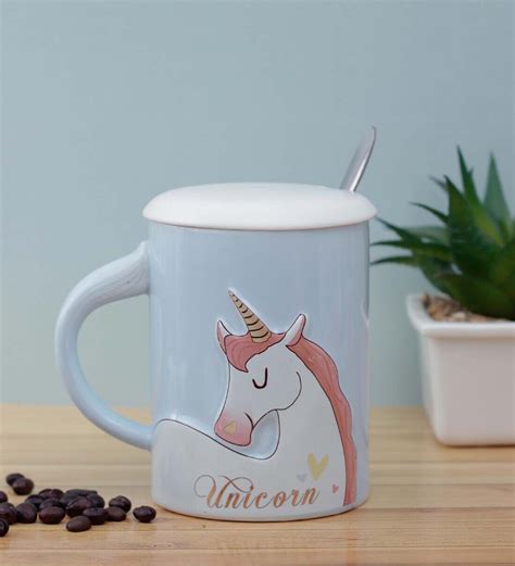 Buy Blue Unicorn 400ml (Set of 3) Ceramic Coffee Mug with Lid & Spoon ...