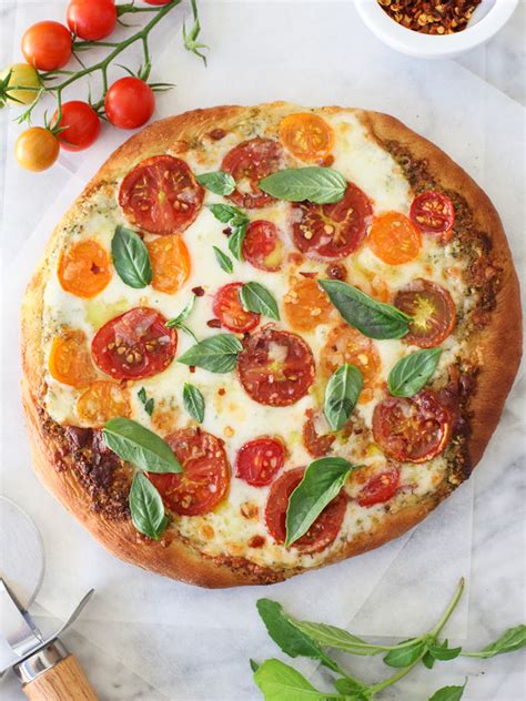 Pesto Pizza with Fresh Tomatoes and Mozzarella - foodiecrush