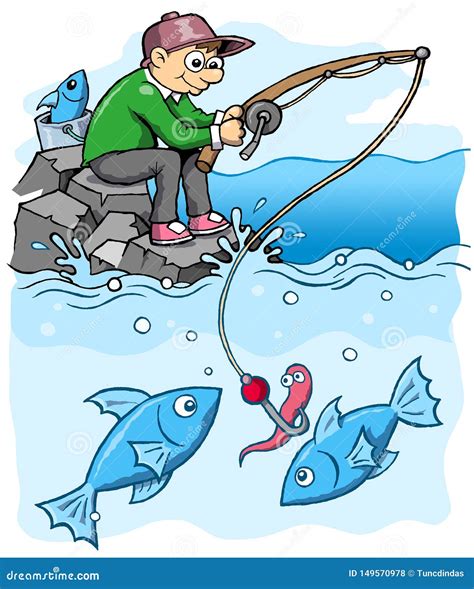 Fisherman on Sea Side Fishing Cartoon Style Stock Illustration ...