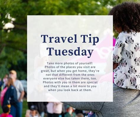 a woman holding a sign that says travel tip tuesday with people walking in the background