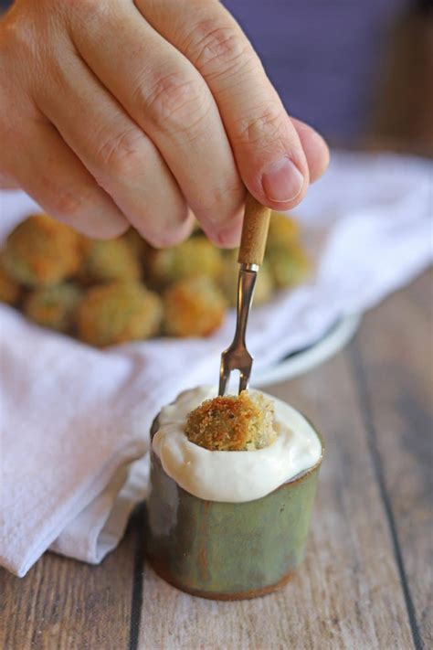 Fried olives stuffed with vegan feta cheese - Cadry's Kitchen