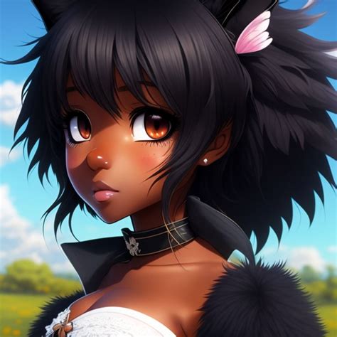 afraid-crow244: black girl, dark skin, anime girl, black fluffy long hair, black fluffy fox tail ...