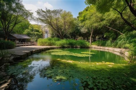 Premium AI Image | Peaceful park with serene pond and greenery perfect ...