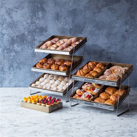 Tiered Countertop Display Unit With Medium Brass Metal Trays | Cafe food, Food display, Food ...