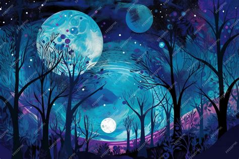 Premium AI Image | A painting of a moonlit forest with a blue moon and ...