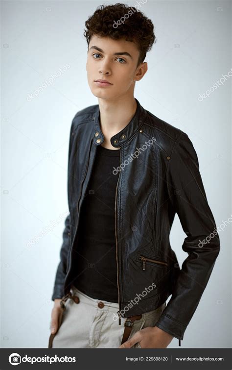 Portrait Young Handsome Boy Leather Jacket — Stock Photo © kiuikson #229898120