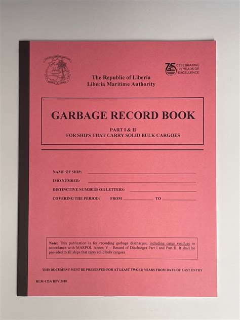 Liberian Logbook - MARPOL Annex V - Garbage Record Book (Part I & II) – Matau-Marine GmbH