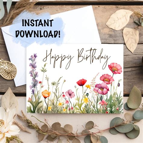 PRINTABLE Happy Birthday Card, Wildflower Birthday Card, Digital ...