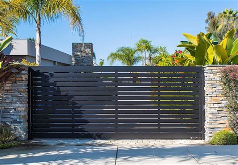 Modern blackcolored wall fence with horizontal slats and a brick finish ...