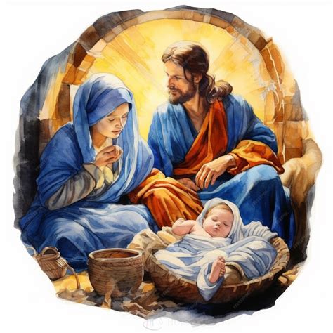 Premium Photo | Painting of a man and woman sitting in a manger with a ...