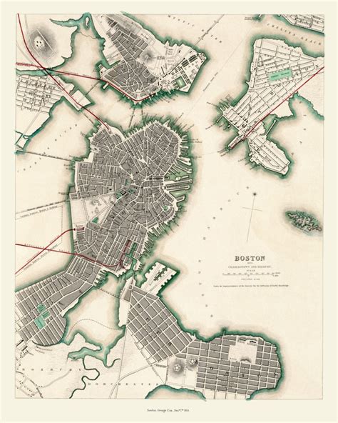 Aerial map of Boston, Charlestown and Roxbury, Massachusetts in 1853 ...