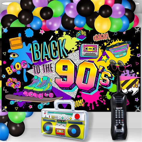 Buy 90's Party Decorations Back to The 80s 90s Banner Hip Hop Backdrop with Inflatable Radio ...