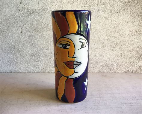 Narrow Talavera Pottery Vase with Sunface, Celestial Decor Southwest Home, Mexican Ceramics