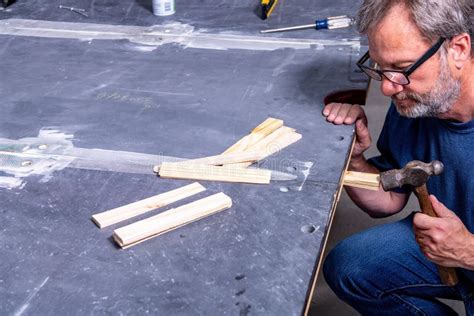 Worker Adds Shims Leveling New Pool Table Slate Stock Image - Image of game, collar: 252763325