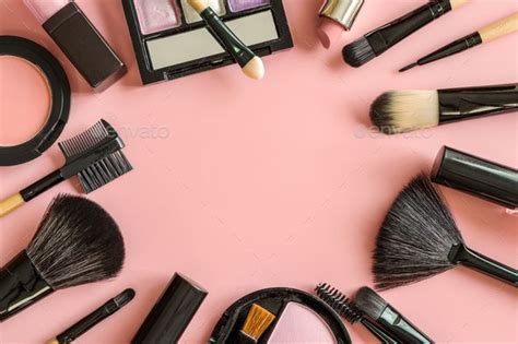 Set of make up brushes and cosmetics on pink background | Brush background, Makeup backgrounds ...