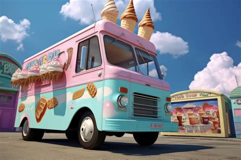 Pink and blue retro ice cream truck in town, created using generative ...