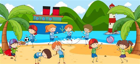 Beach scene with many kids doodle cartoon character 2290330 Vector Art at Vecteezy