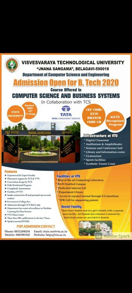 VTU Admission open for B.Tech 2020 courses offered in Computer science ...