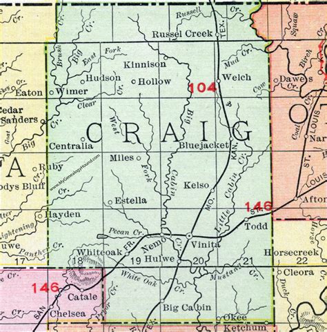 Craig County, Oklahoma 1911 Map, Rand McNally, Vinita, Big Cabin ...