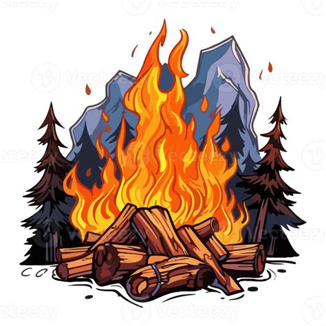 Colorful Fireplace, campfire with tree trees, twigs separate cartoon ...