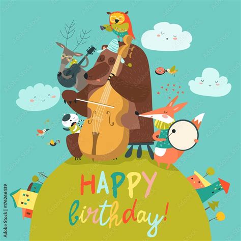 Cute Birthday card with animals and music Stock Vector | Adobe Stock