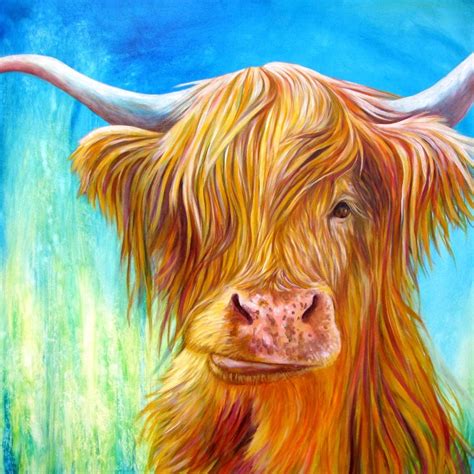 Highland Cow with Turquoise Green and Blue Cow Art Print of | Etsy