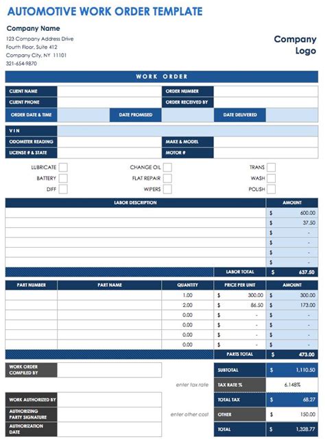 Printable Auto Repair Work Order Template