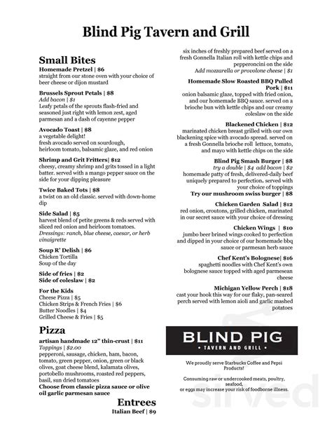 Blind Pig Tavern & Grill menu in Michigan City, Indiana, USA