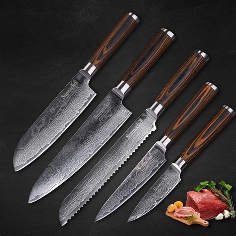 SUNNECKO 5PCS Kitchen Knives Set Damascus Steel Chef Knife Japanese VG10 Pakka Wood Handle ...