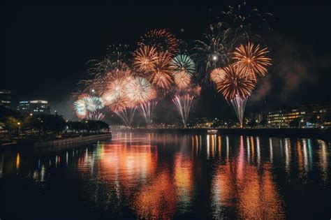 Premium AI Image | Fireworks over the water at night