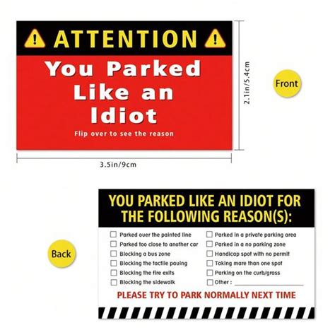 50pcs Funny Parking Violation Cards - 'you Park Like An Idiot' Sticker Ticket, 3.5 X 2 Inches ...