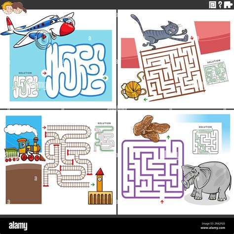 Maze games set with funny comic characters Stock Photo - Alamy