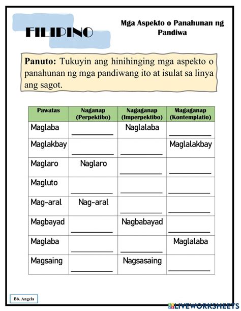 Mga Aspekto o Panahunan ng Pandiwa worksheet