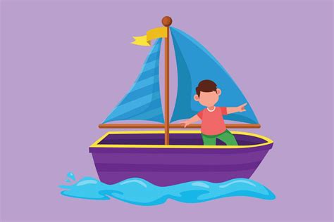Graphic flat design drawing adorable little boy in sailboat at beach. Happy kids sailing boat at ...