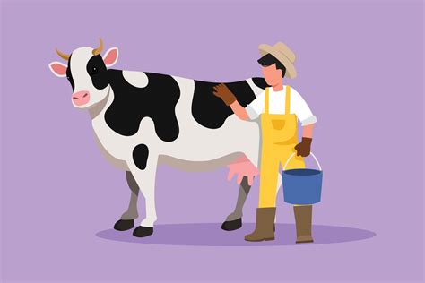 Cartoon flat style drawing male farmer character standing and rubbing the cow while carrying ...