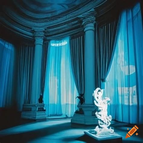 Abstract renaissance glass dragon sculpture in a ballroom with light beams and blue walls on Craiyon
