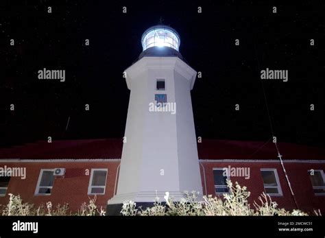 Lighthouse on Snake Island (Zmiinyi Island) in the nighttime, Black Sea ...