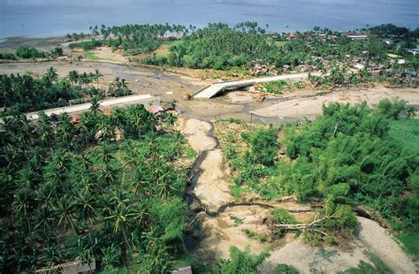 Rivers flooded and bridges broken by flash floods caused by logging and deforestation, Leyte ...